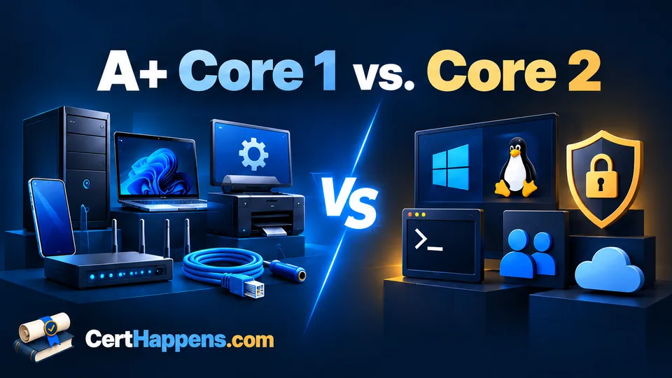 Core 1 hardware and networking tools face Core 2 operating system, security, and command-line topics across a bold A+ Core 1 vs. Core 2 comparison.