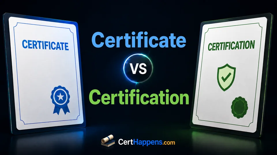 A blue Certificate document and green Certification document face each other around a central versus marker.