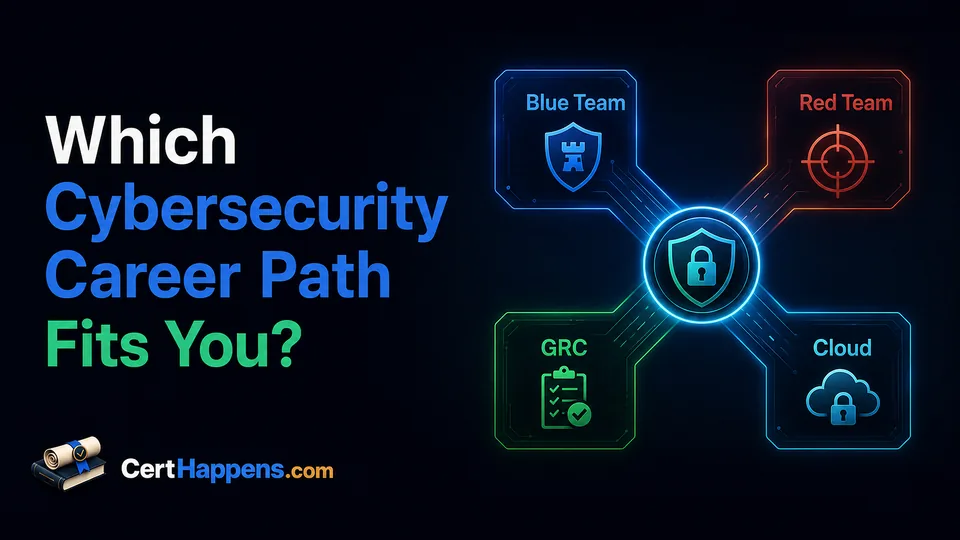 A central security shield branches to Blue Team, Red Team, GRC, and Cloud cybersecurity career-path panels.