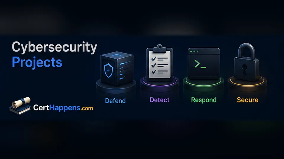 Four cybersecurity project concepts show defensive systems, detection, response tooling, and secure design on separate illuminated stands.