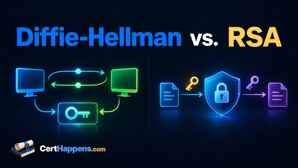 A split comparison contrasts Diffie-Hellman shared-secret exchange with RSA public and private key encryption.