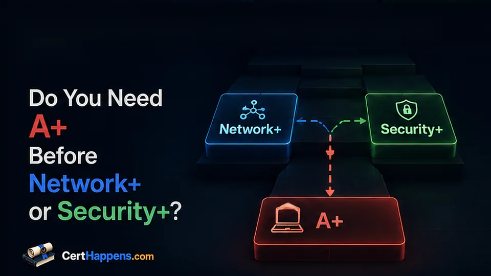 An A+ starting block faces branching Network+ and Security+ paths, showing A+ as a possible foundation rather than a required gate.
