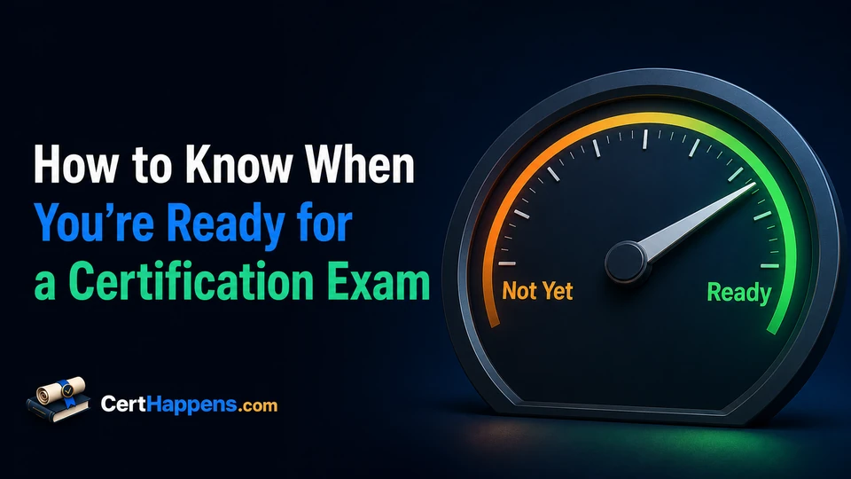 A readiness speedometer moves from Not Yet into Ready, signaling exam readiness as a spectrum rather than a single score.
