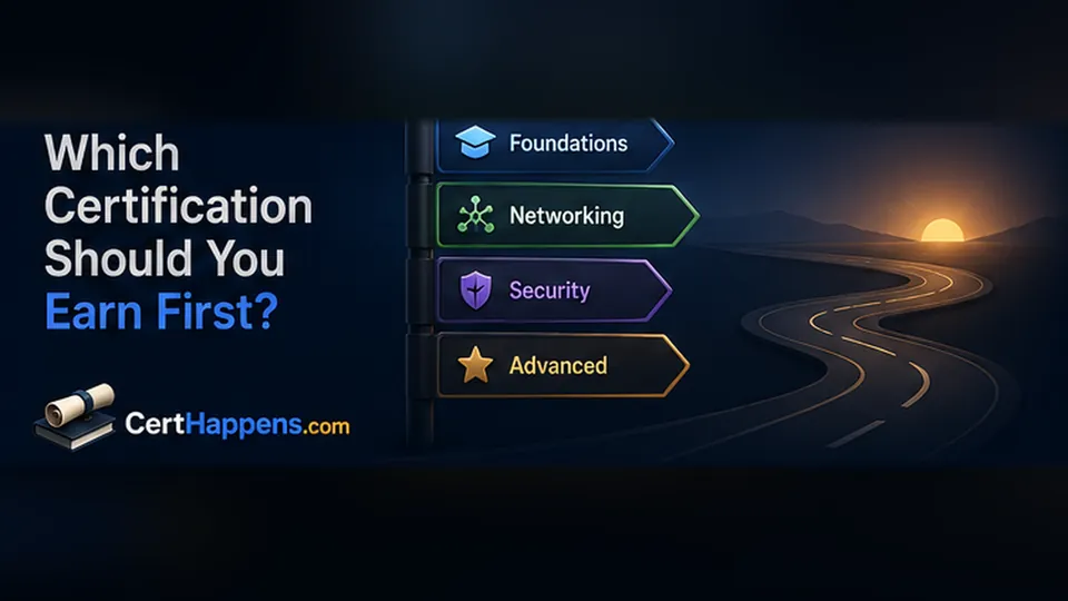 A winding road passes a signpost pointing toward foundations, networking, security, and advanced certification paths.