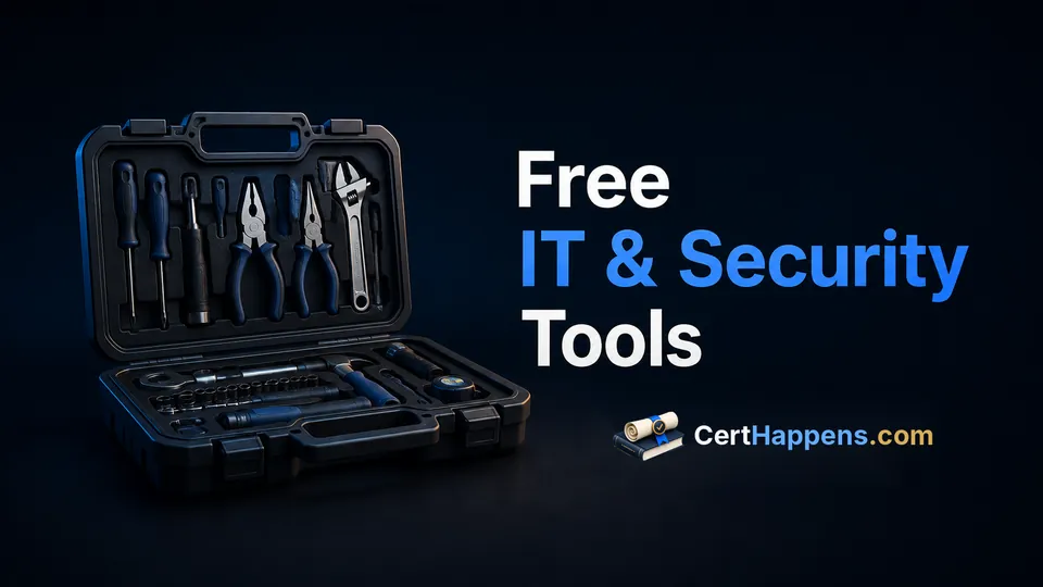 An open black tool case filled with hand tools sits beside the words Free IT & Security Tools and the CertHappens.com logo.