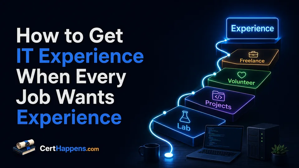 A glowing path climbs from a lab through projects, volunteer work, and freelance work toward an Experience destination.