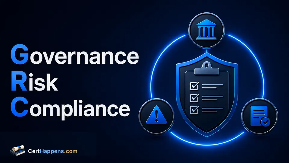 The words Governance, Risk, and Compliance appear beside a shield checklist connected to governance, risk, and compliance symbols.