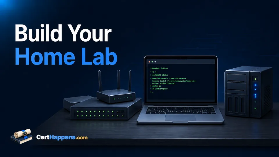A compact home lab with a router, network switch, laptop, and small server arranged on a desk.
