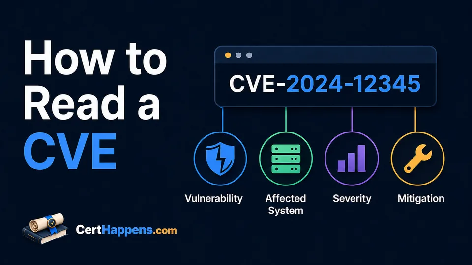 A CVE identifier connects to four concepts: vulnerability, affected system, severity, and mitigation.
