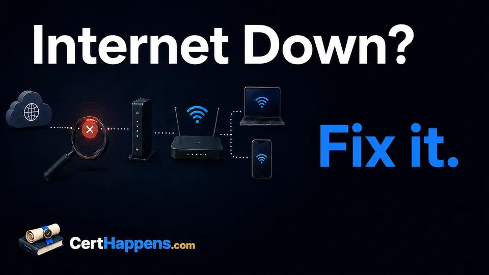 A cloud-to-router home network troubleshooting path highlights a failure point under a magnifying glass beside the title Internet Down? and Fix it.
