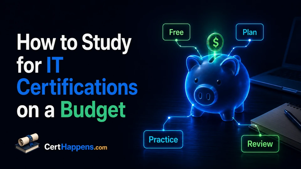 A glowing piggy bank connects to Free, Plan, Practice, and Review, illustrating a budget-minded certification study workflow.
