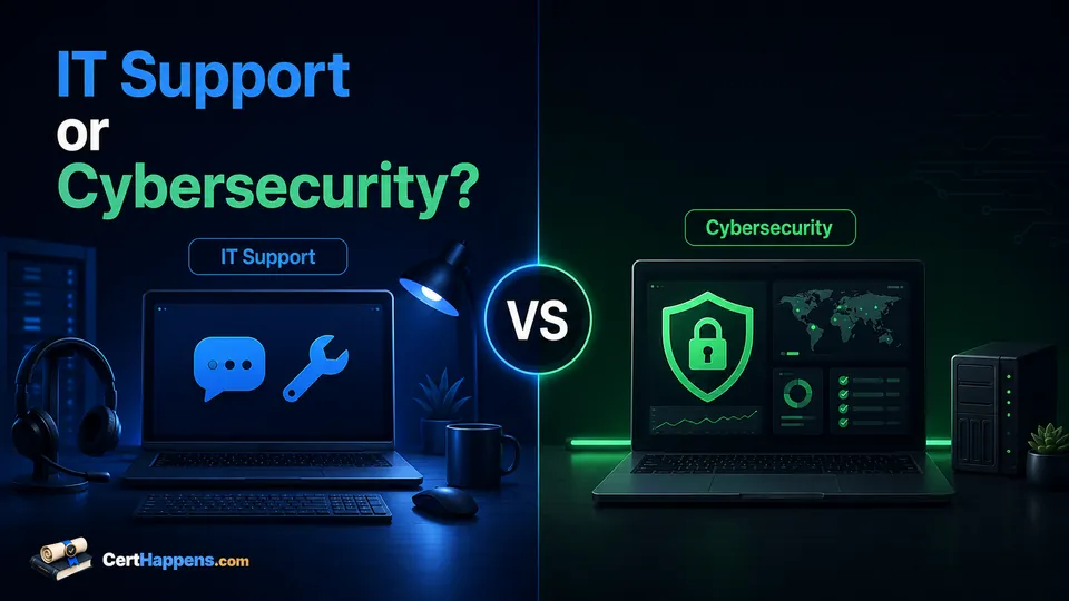 Blue IT support and green cybersecurity workstations face each other across a central versus marker with support and security symbols.