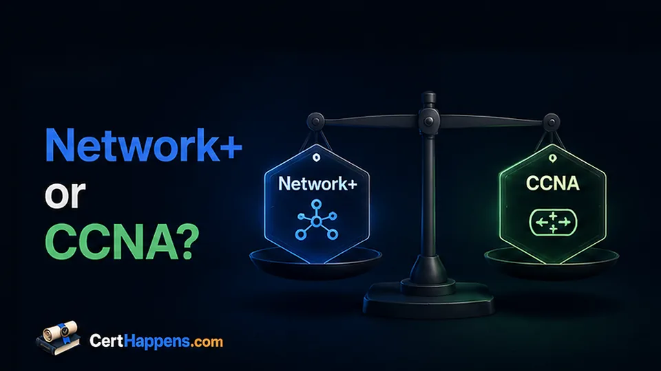 Network+ and CCNA hang on opposite sides of a balanced scale, emphasizing a comparison between two networking certification paths.