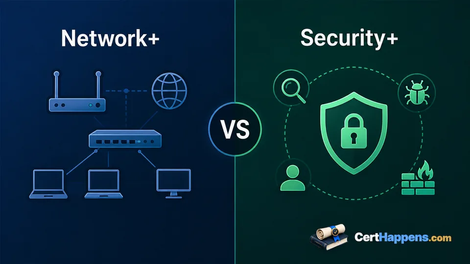 A network diagram and a security shield face each other across a Network+ versus Security+ comparison.
