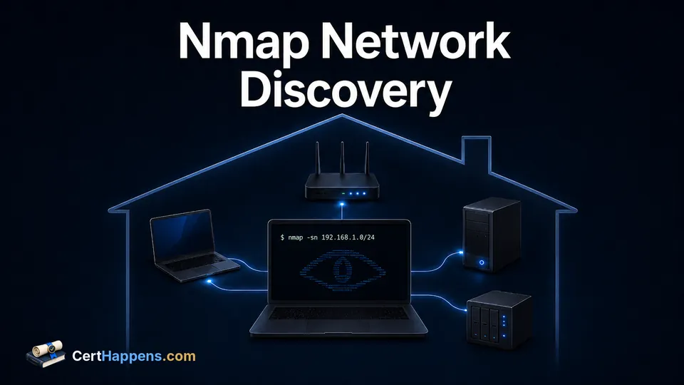 A central laptop scans a home-lab network inside a house outline, connecting to a router, laptop, server, and NAS to illustrate Nmap network discovery.