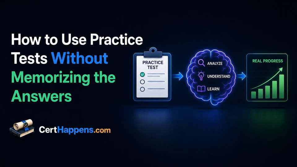 A practice test flows into a brain labeled Analyze, Understand, and Learn, then into a Real Progress chart that emphasizes learning over memorization.