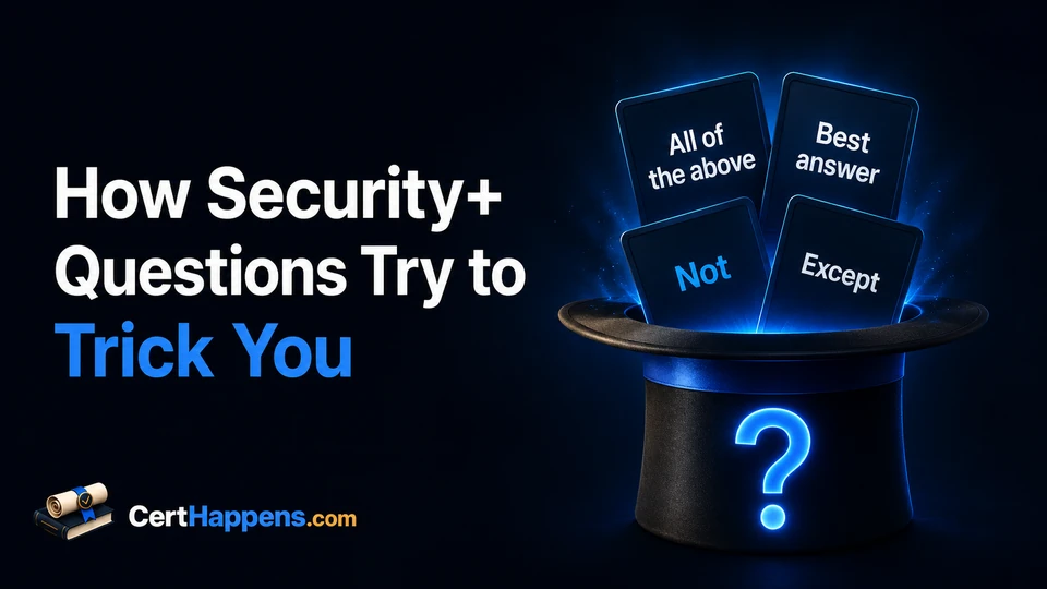 A magician hat throws up cards labeled All of the above, Best answer, Not, and Except to represent common Security+ question traps.