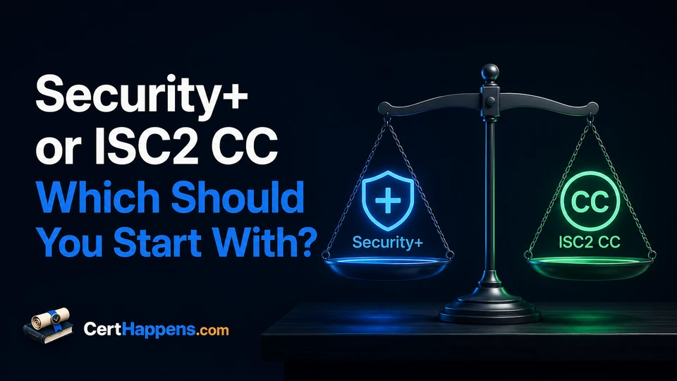 Security+ and ISC2 CC hang on a balanced scale, highlighting a side-by-side starting-point comparison for two security certifications.