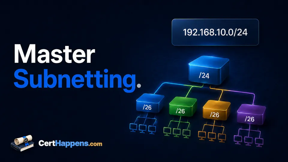 A Master Subnetting hero shows one /24 network splitting into four /26 subnets with a simplified 192.168.10.0/24 table above.