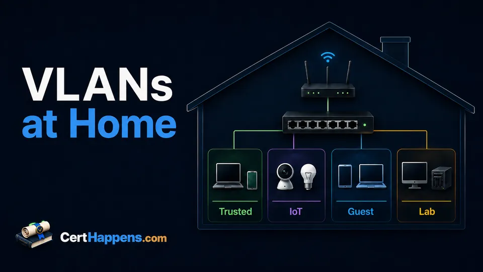 A home network routes through one switch into separate trusted, IoT, guest, and lab device groups inside a house outline.