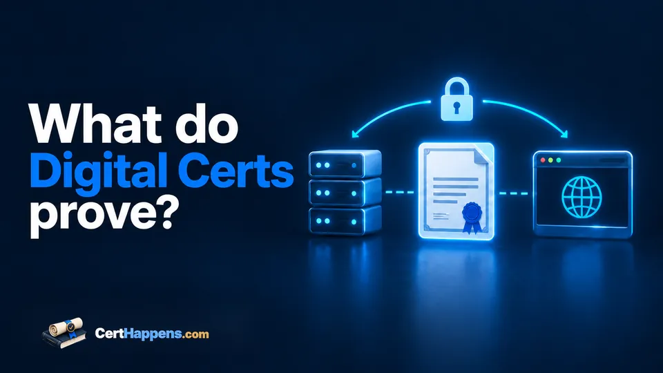 A digital certificate with a shield and check mark sits beside the question What do Digital Certs prove? on a dark background.